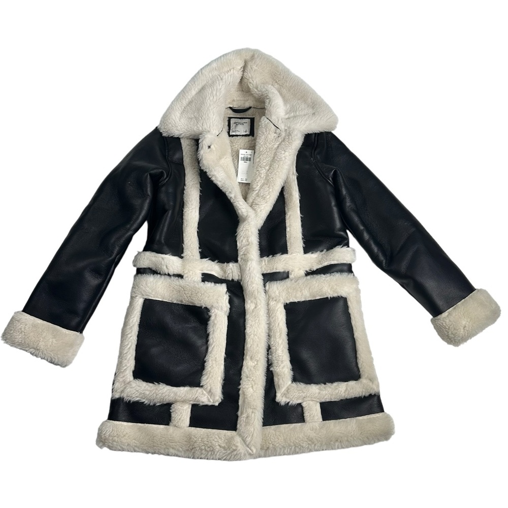 Abercrombie & Fitch Black Faux Leather Fur Winter Coat Womens Size Small